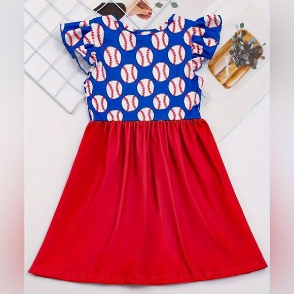 NWT Toddler Girls Blue Red Baseball Dress - Size 3/4 - Picture 2 of 3